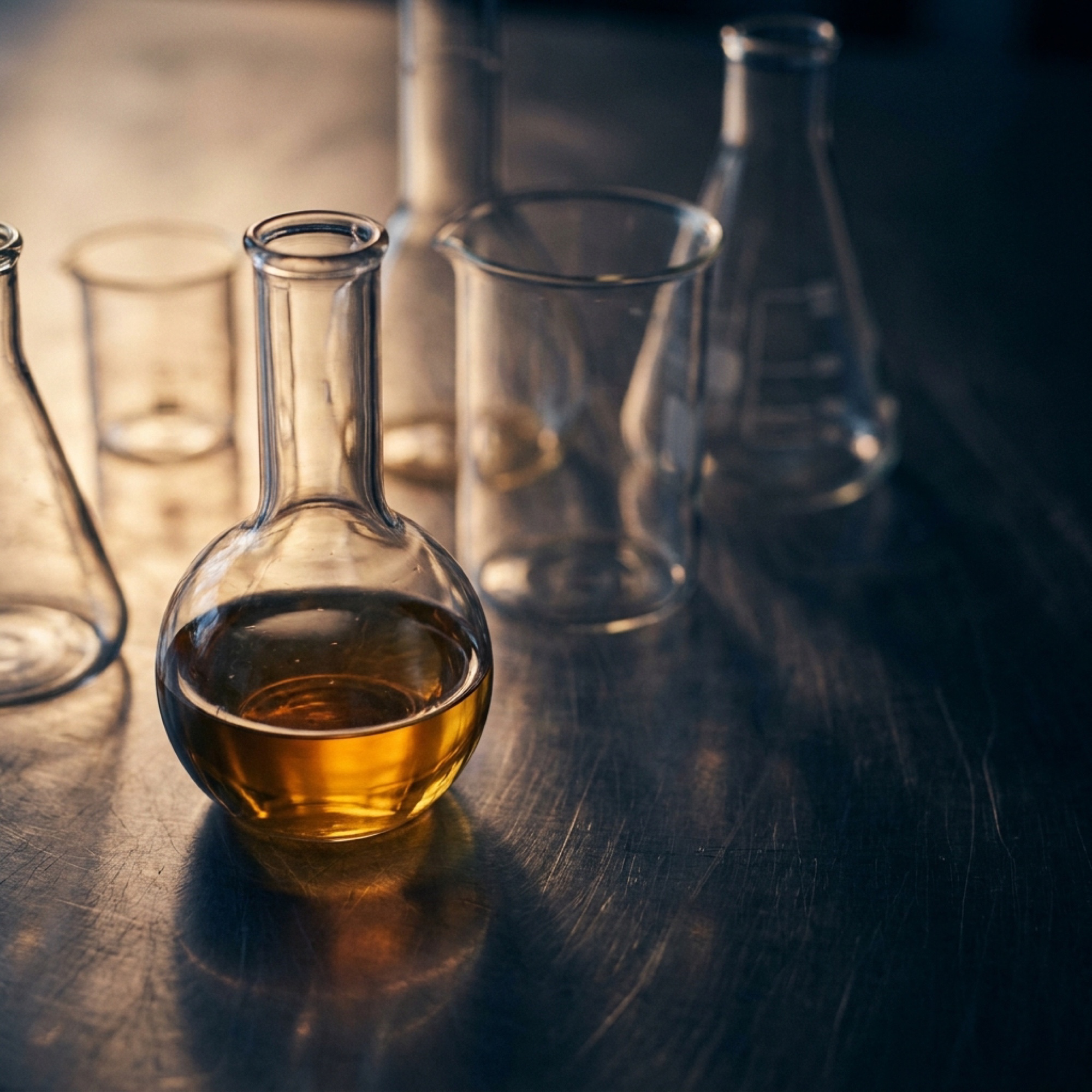 Laboratory glassware with amber liquid